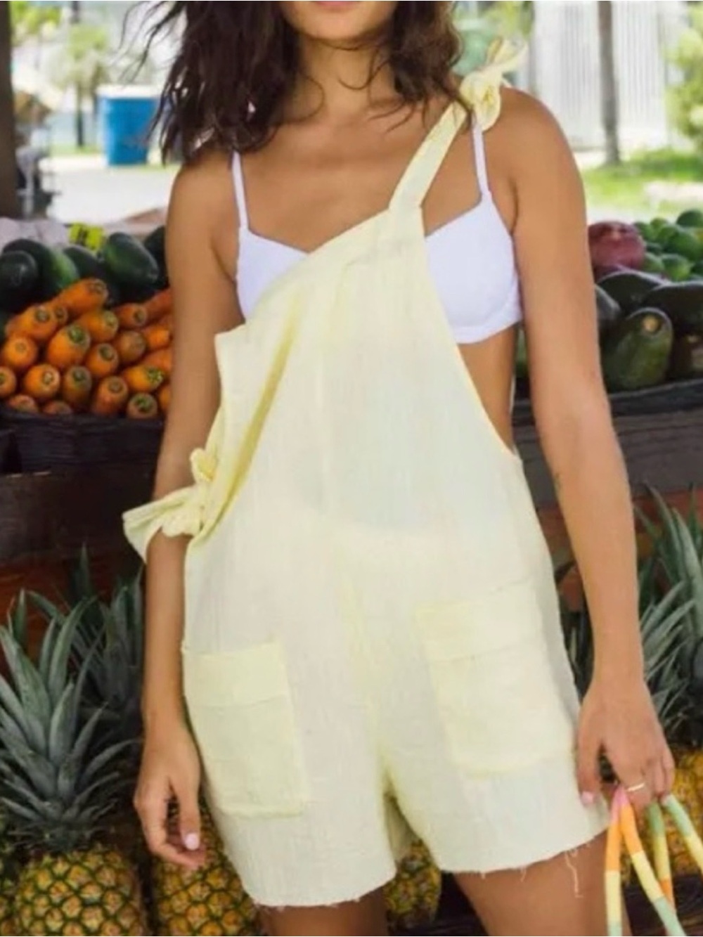 Billabong Pale Yellow Linen Short Overalls Romper